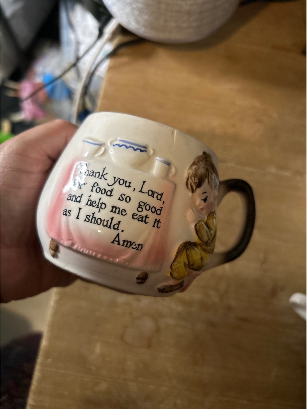Vintage Enesco Ceramic Mug with Child and Prayer Design